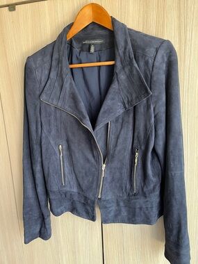 White House Black Market Navy Suede Asymmetrical Zip Moto Jacket